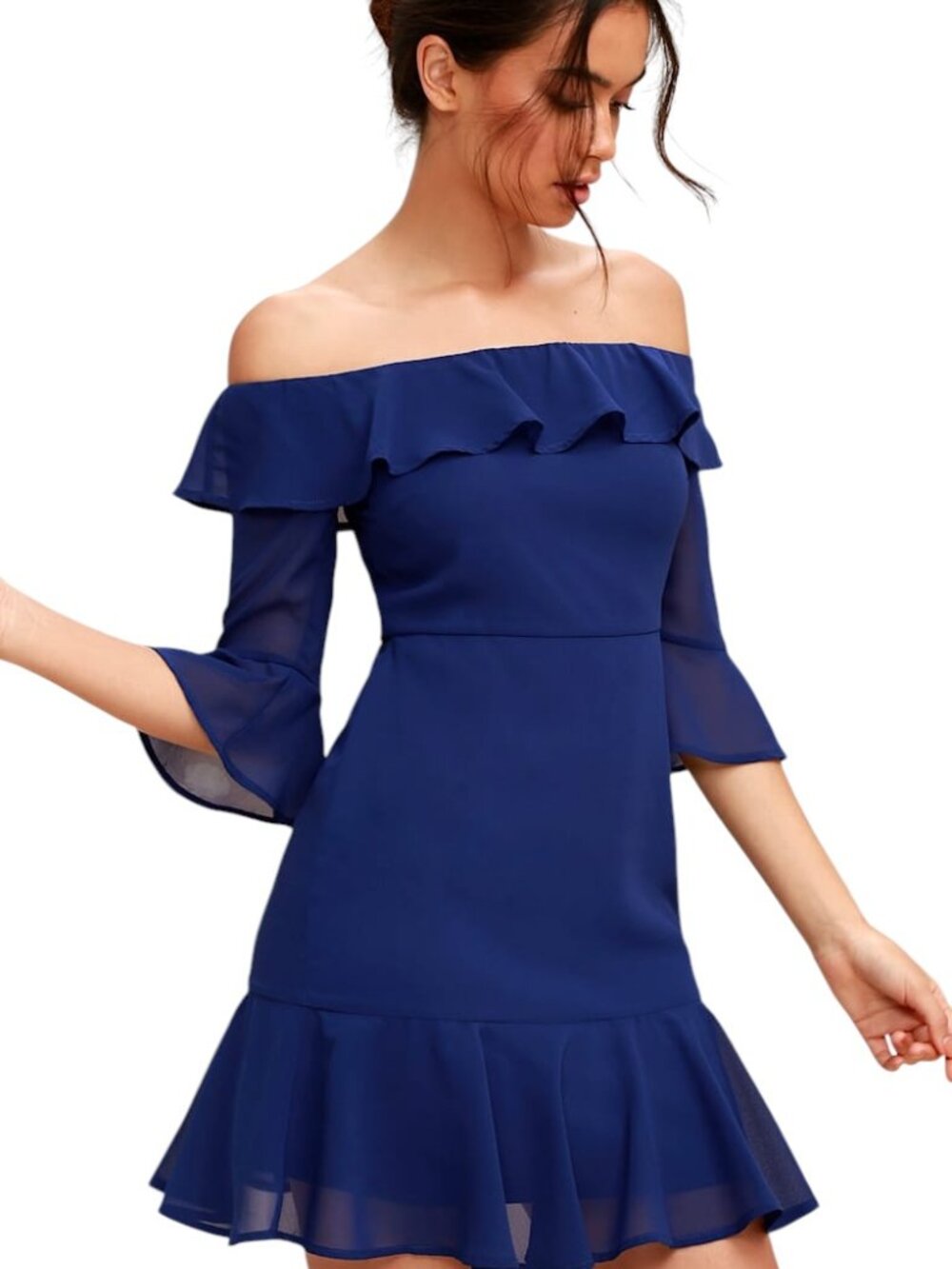 Lulus Romantic Mood Off Shoulder Dress Medium Royal‎ Blue Ruffle sz Medium